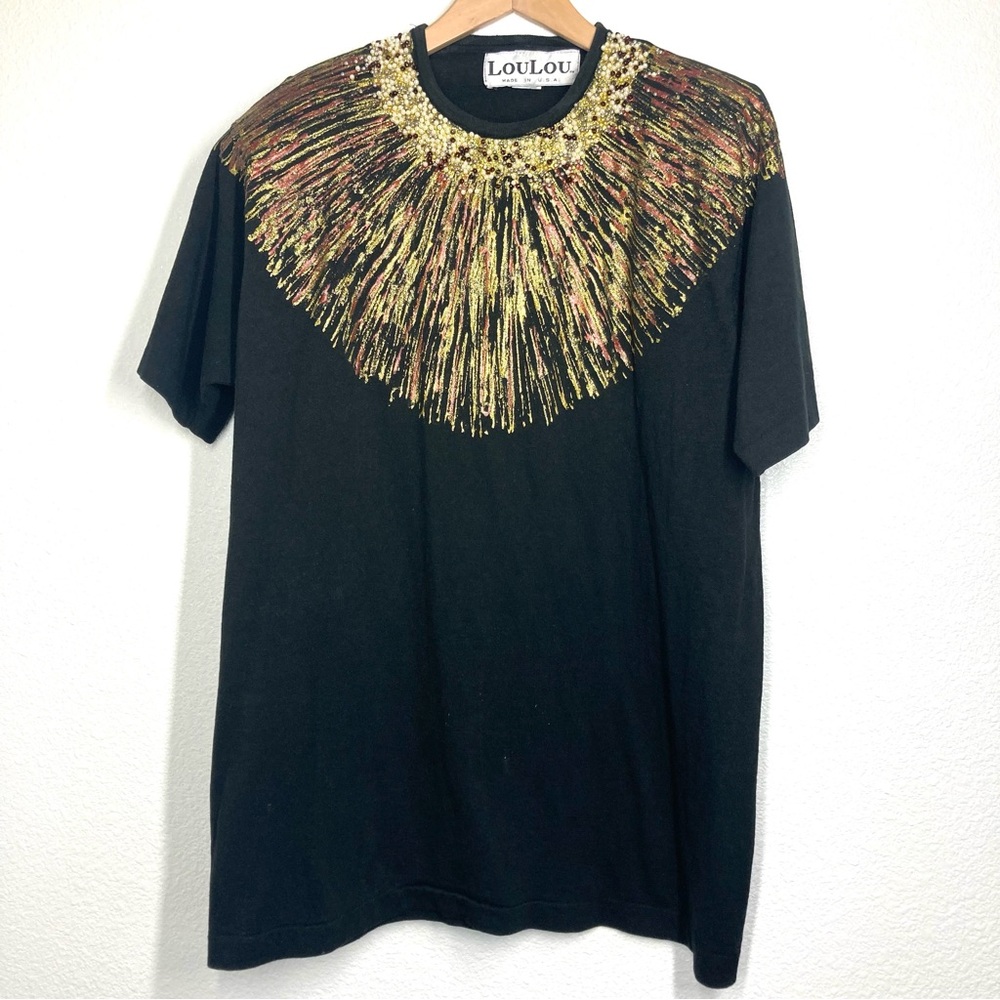 Vintage Loulou 80s Beaded Hand Painted Top Black Gold Crew Neck Arty